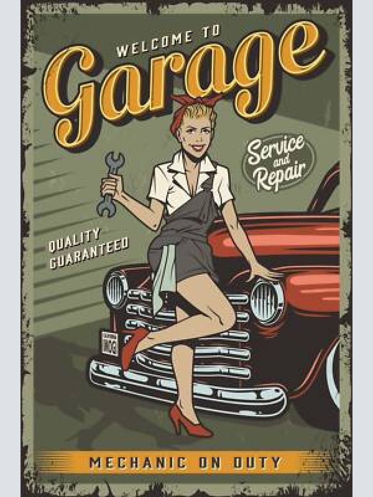 Nostalgie schild welcome to garage frau auto 12x18 / 20x30 / 30x40 blech od.holz