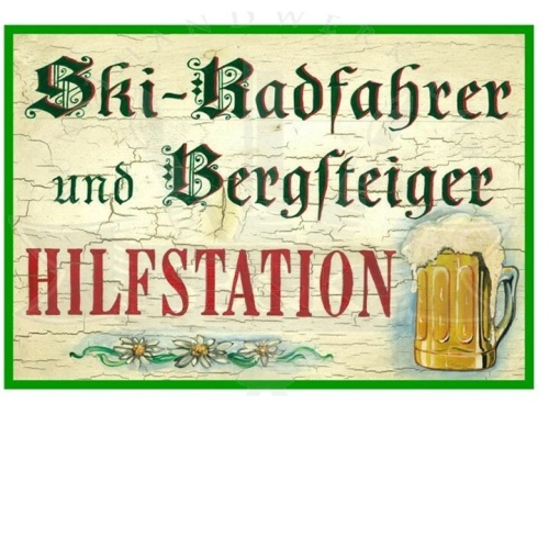 KuK Nostalgie Holzschild "Ski-Radfahrer und Bergsteiger Hilfstation"