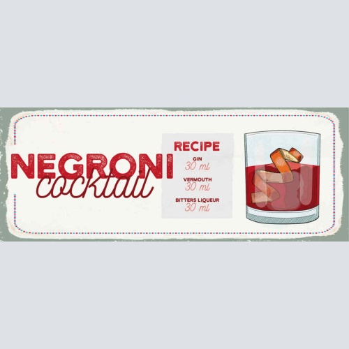 Schild Negroni Cocktail Rezept Bar Alkohol Drink Gin Wermut 27x10 Blech od.Holz