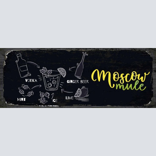 Schild Moscow Mule Cocktail Rezept Bar Alkohol Drink Wodka 27x10 Blech od.Holz