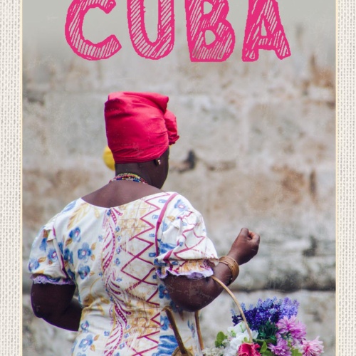 Schild Cuba Kuba Frau Blumen Korb 12x18 20x30 30x40 Blech od. Holz