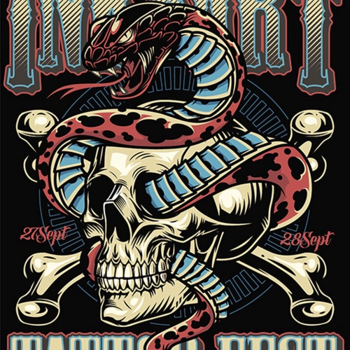 Schild Spruch Ink & Art Tattoo Fest Totenkopf Schlange Comic JW