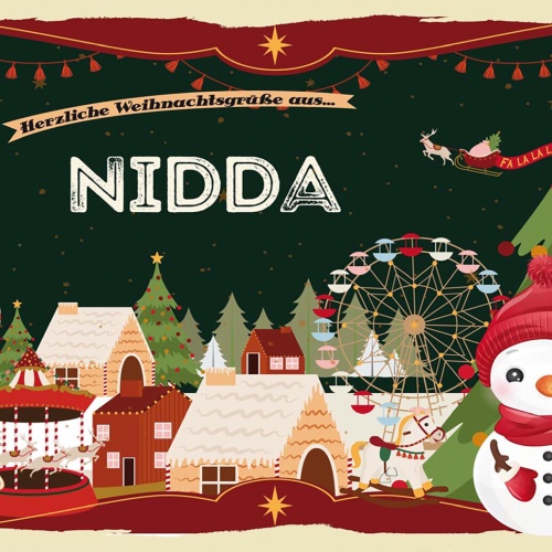 Schild Spruch Herzliche Weihnachtsgrüße aus Nidda Comic Schneemann JW