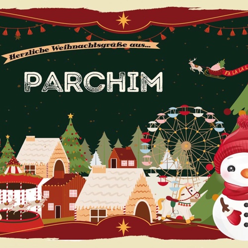 Schild Spruch Herzliche Weihnachtsgrüße aus Parchim Comic Schneemann JW