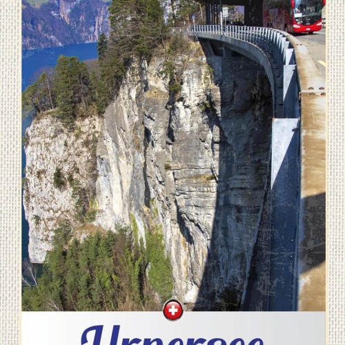 Schild Spruch Urnersee Switzerland Schweiz Felsen Berge Uferweg Bus JW