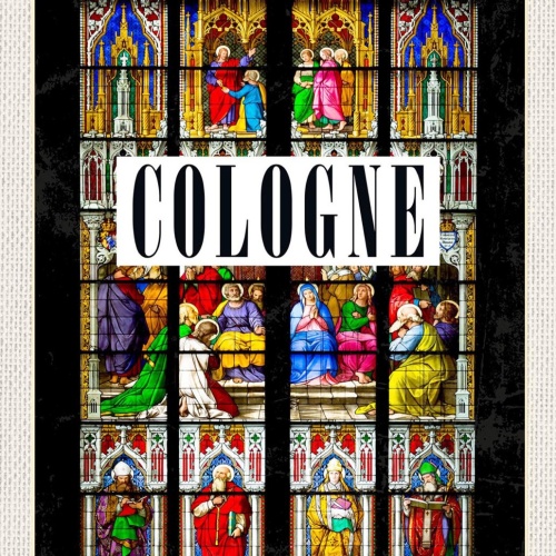 Schild Spruch Cologne Germany Köln Deutschland Kirche Mosaikfenster bunt JW