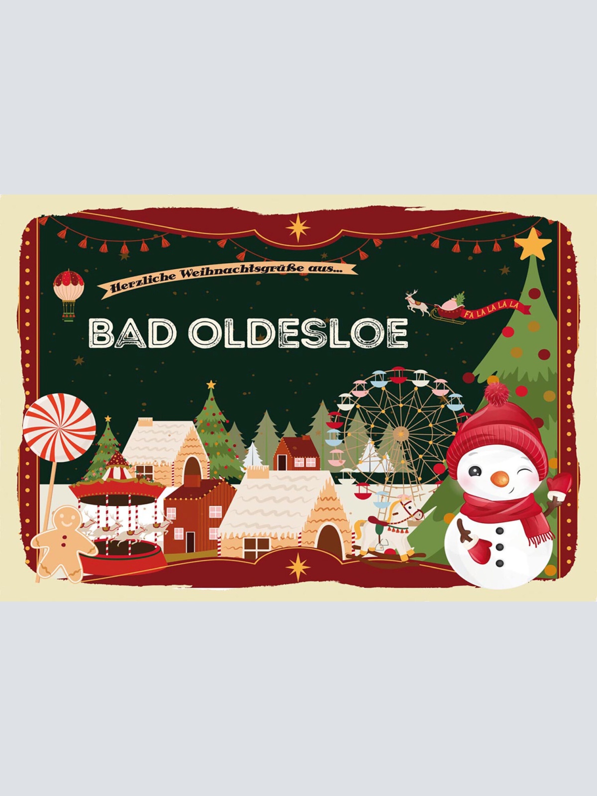 Schild Spruch Herzliche Weihnachtsgrüße aus Bad Oldesloe Comic Schneemann JW