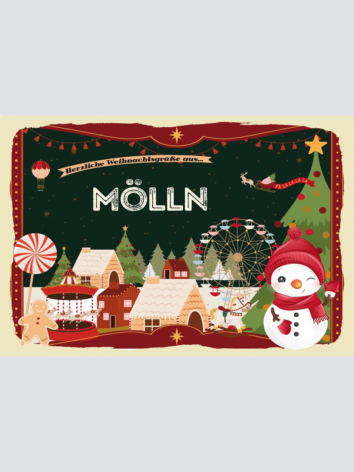 Schild Spruch Herzliche Weihnachtsgrüße aus Mölln Comic Schneemann JW