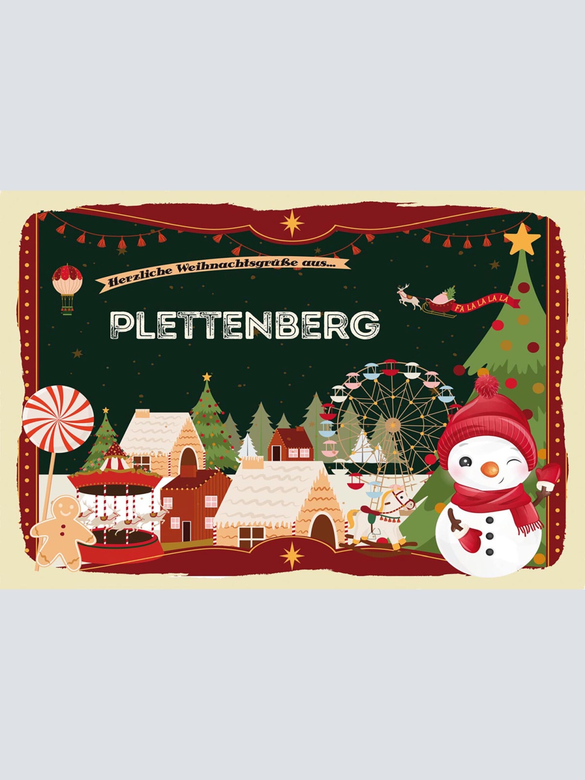 Schild Spruch Herzliche Weihnachtsgrüße aus Plettenberg Comic Schneemann JW