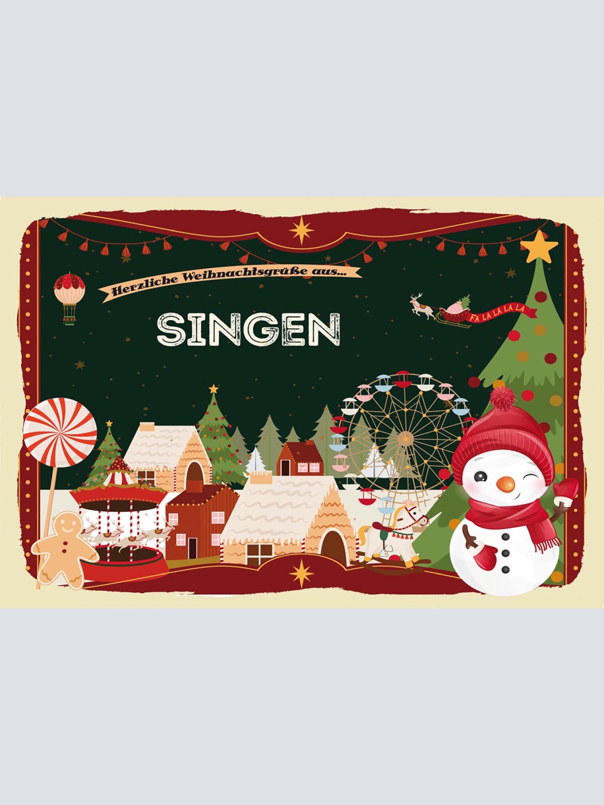 Schild Spruch Herzliche Weihnachtsgrüße aus Singen Comic Schneemann JW