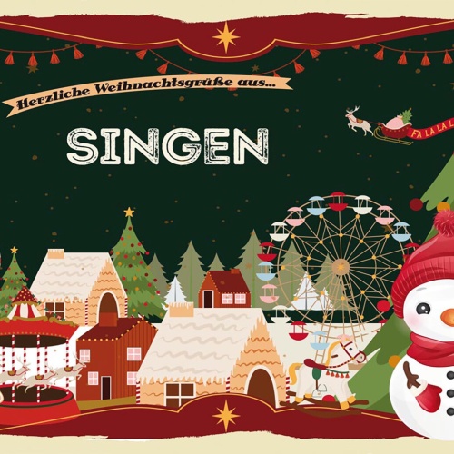 Schild Spruch Herzliche Weihnachtsgrüße aus Singen Comic Schneemann JW