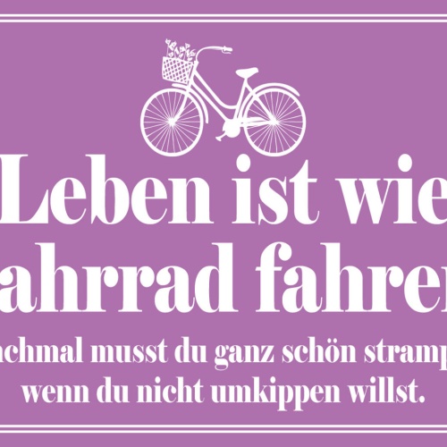 Schild Spruch Leben ist wie Fahrrad fahren Manchmal musst strampeln Sport JW