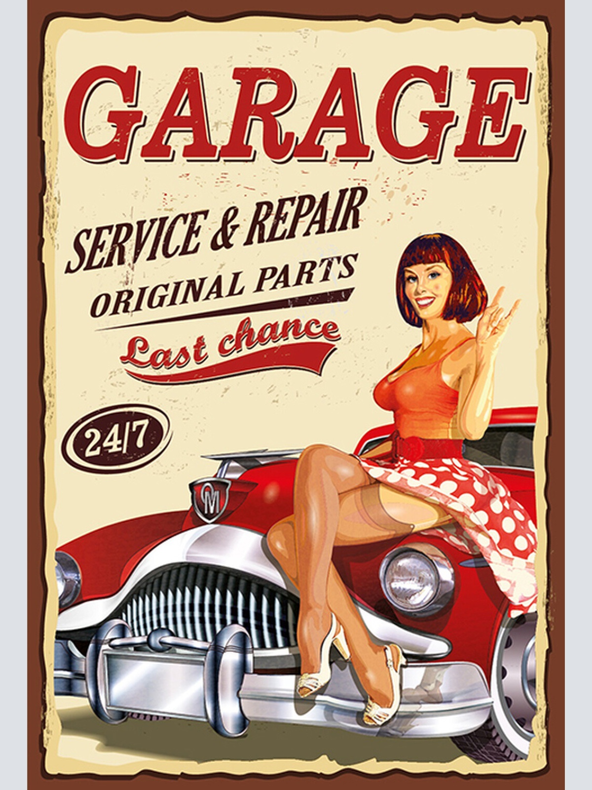 Schild Spruch Garage Service and Repair Frau Sexy Comic Auto Werkstatt JW