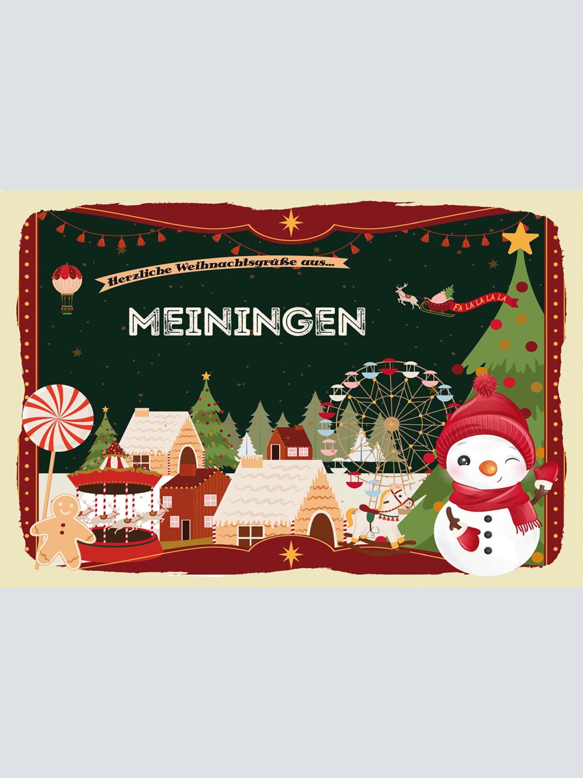 Schild Spruch Herzliche Weihnachtsgrüße aus Meiningen Comic Schneemann JW