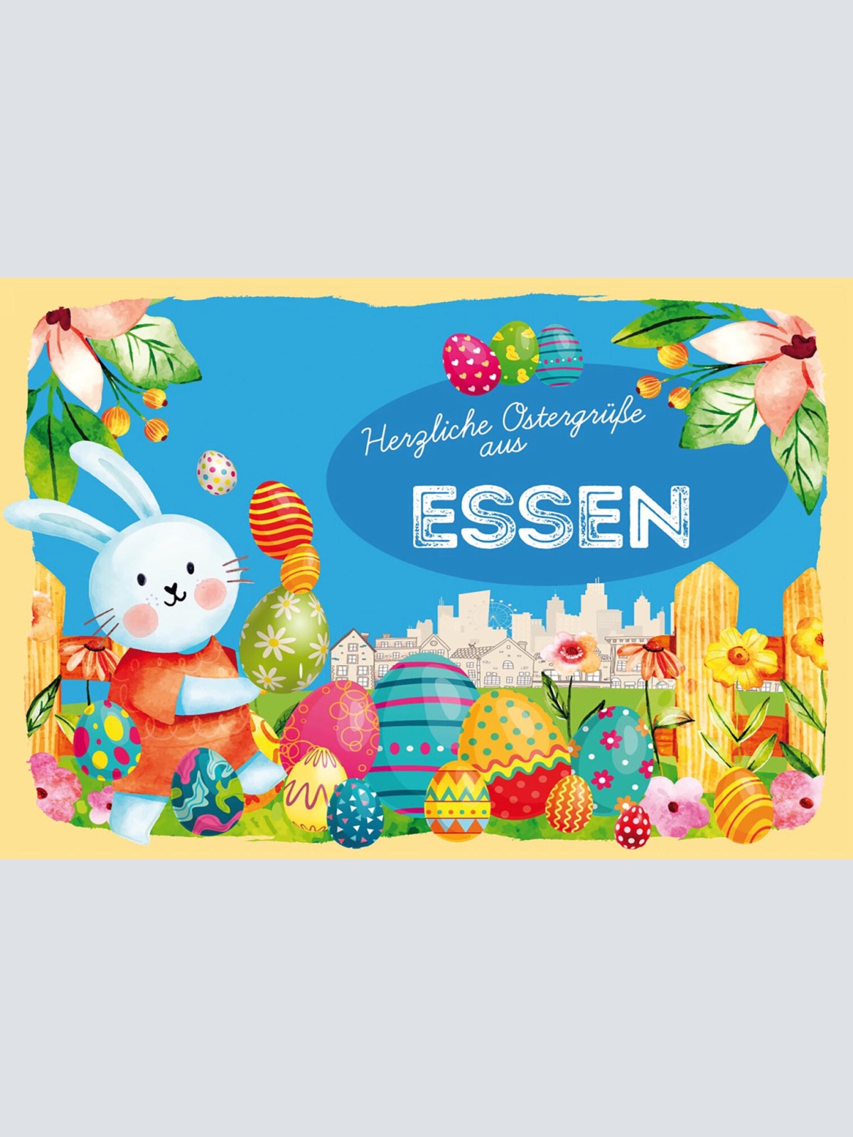 Schild Spruch Herzliche Ostergrüße aus Essen Osterhase Eier Comic JW