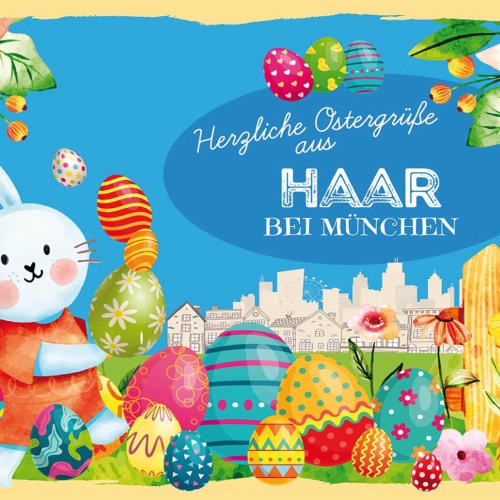 Schild Spruch Herzliche Ostergrüße aus Haar bei München Osterhase Eier Comic JW