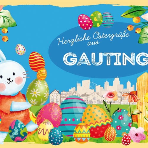 Schild Spruch Herzliche Ostergrüße aus Gauting Osterhase Eier Comic JW
