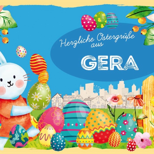 Schild Spruch Herzliche Ostergrüße aus Gera Osterhase Eier Comic JW