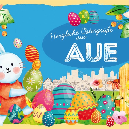 Schild Spruch Herzliche Ostergrüße aus Aue Osterhase Eier Comic JW