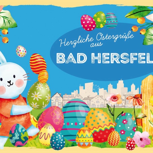 Schild Spruch Herzliche Ostergrüße aus Bad Hersfeld Osterhase Eier Comic JW