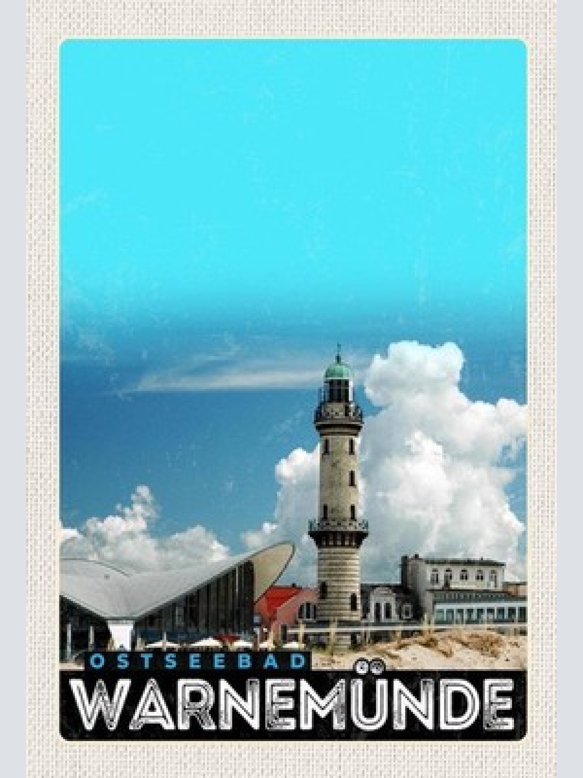 Schild spruch ostseebad warnemünde leuchtturm strand jw