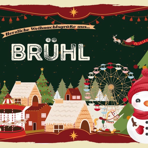 Schild Spruch Herzliche Weihnachtsgrüße aus Brühl Comic Schneemann JW