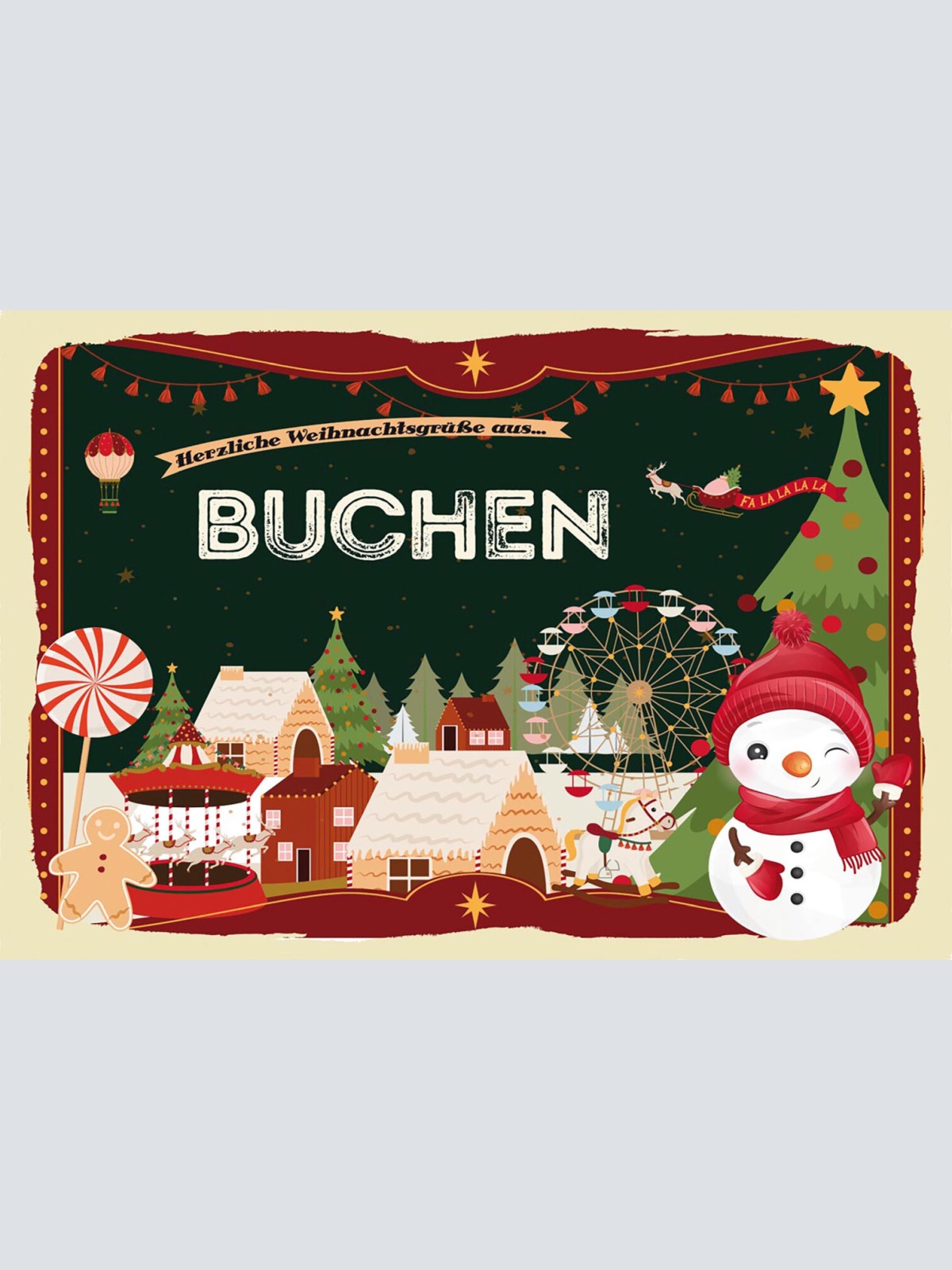 Schild Spruch Herzliche Weihnachtsgrüße aus Buchen Comic Schneemann JW