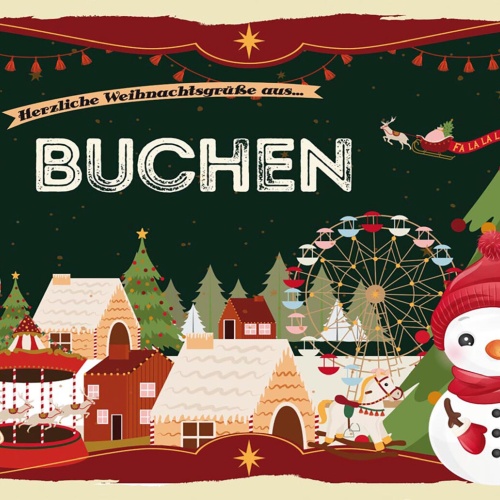 Schild Spruch Herzliche Weihnachtsgrüße aus Buchen Comic Schneemann JW