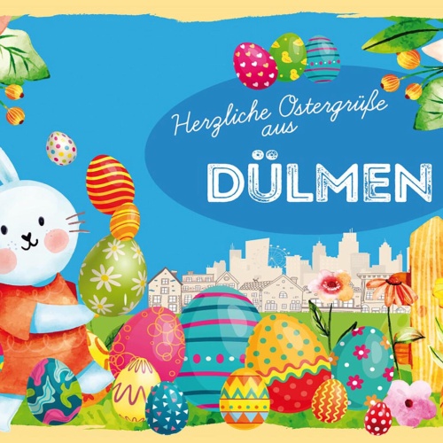 Schild Spruch Herzliche Ostergrüße aus Dülmen Osterhase Eier Comic JW