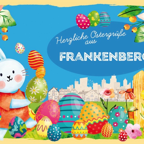 Schild Spruch Herzliche Ostergrüße aus Frankenberg Osterhase Eier Comic JW
