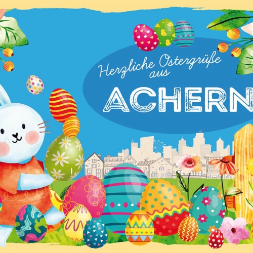Schild Spruch Herzliche Ostergrüße aus Achern Osterhase Eier Comic JW