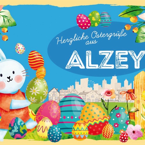 Schild Spruch Herzliche Ostergrüße aus Alzey Osterhase Eier Comic JW