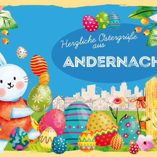 Schild Spruch Herzliche Ostergrüße aus Andernach Osterhase Eier Comic JW