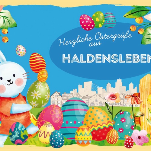 Schild Spruch Herzliche Ostergrüße aus Haldensleben Osterhase Eier Comic JW