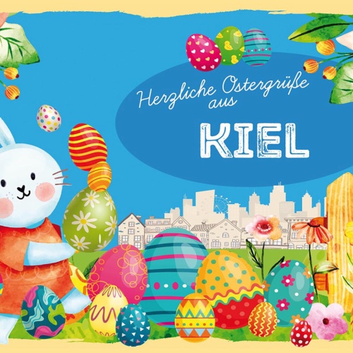Schild Spruch Herzliche Ostergrüße aus Kiel Osterhase Eier Comic JW