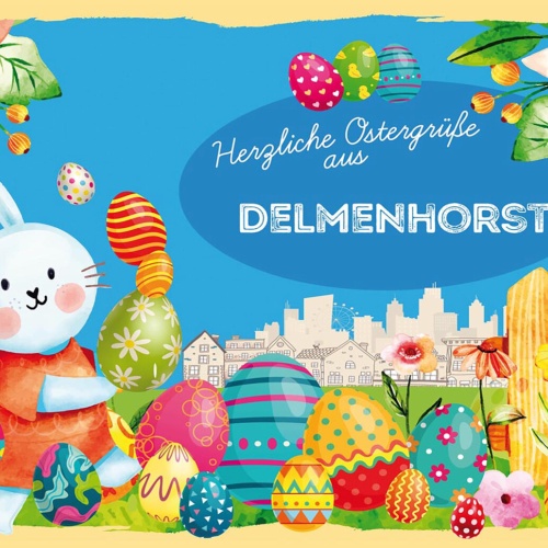 Schild Spruch Herzliche Ostergrüße aus Delmenhorst Osterhase Eier Comic JW