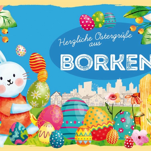 Schild Spruch Herzliche Ostergrüße aus Borken Osterhase Eier Comic JW