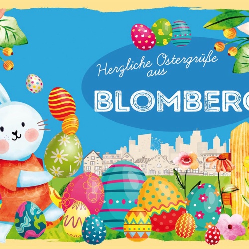 Schild Spruch Herzliche Ostergrüße aus Blomberg Osterhase Eier Comic JW