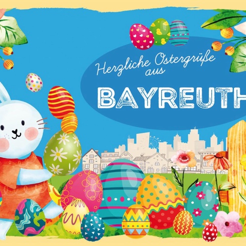Schild Spruch Herzliche Ostergrüße aus Bayreuth Osterhase Eier Comic JW