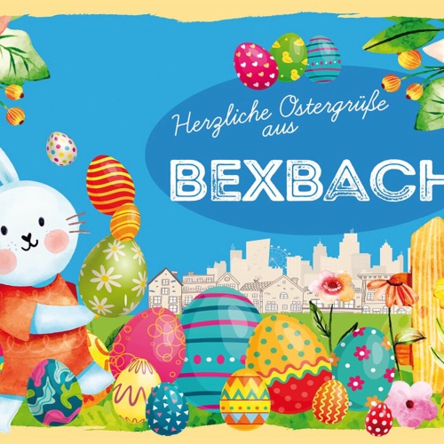 Schild Spruch Herzliche Ostergrüße aus Bexbach Osterhase Eier Comic JW
