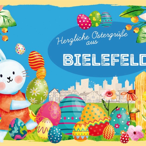Schild Spruch Herzliche Ostergrüße aus Bielefeld Osterhase Eier Comic JW
