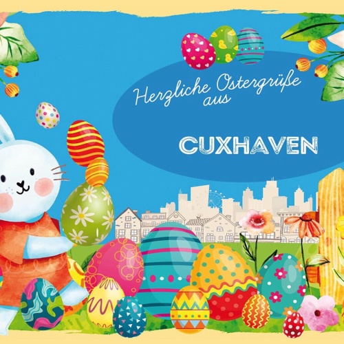 Schild Spruch Herzliche Ostergrüße aus Cuxhaven Osterhase Eier Comic JW