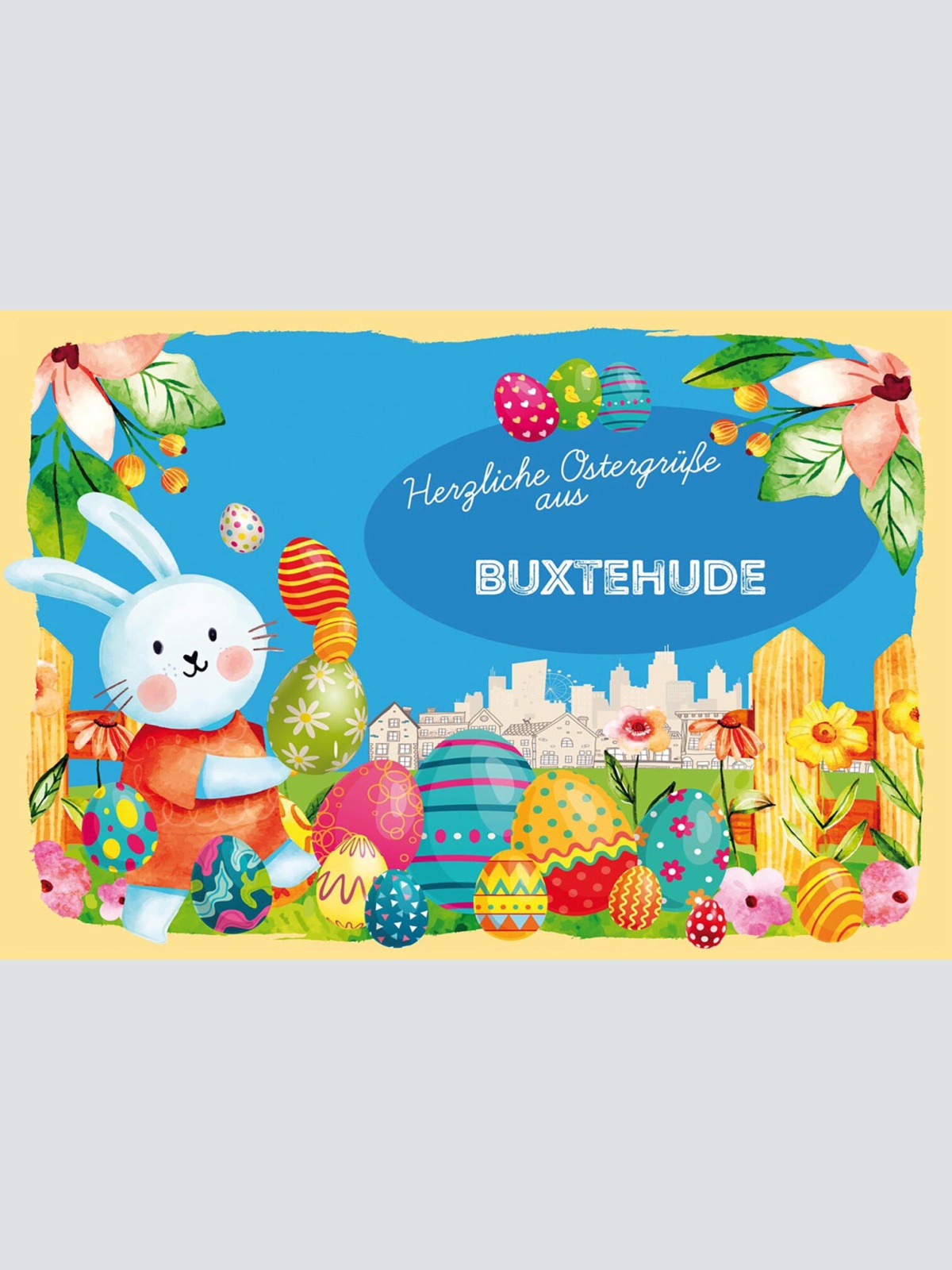 Schild Spruch Herzliche Ostergrüße aus Buxtehude Osterhase Eier Comic JW