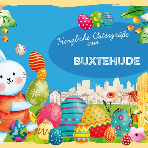 Schild Spruch Herzliche Ostergrüße aus Buxtehude Osterhase Eier Comic JW