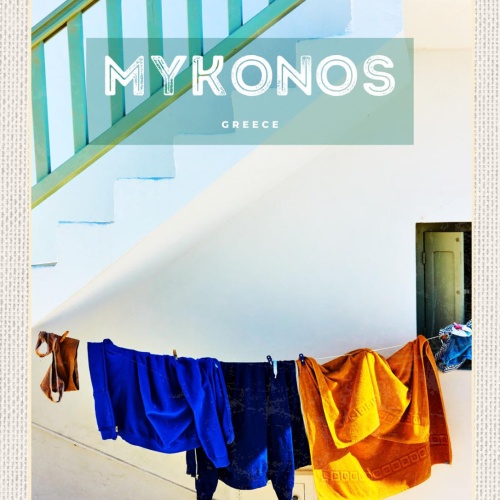 Schild Mykonos Greece Griechenland Wäscheleine Haus 12x18 20x30 30x40 Blech/Holz