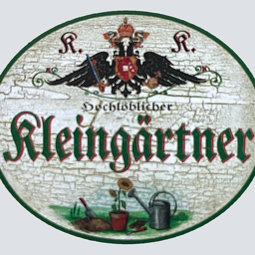 KuK Nostalgie Holzschild "Hochlöblicher Kleingärtner" Schaufel Blume Gießkanne