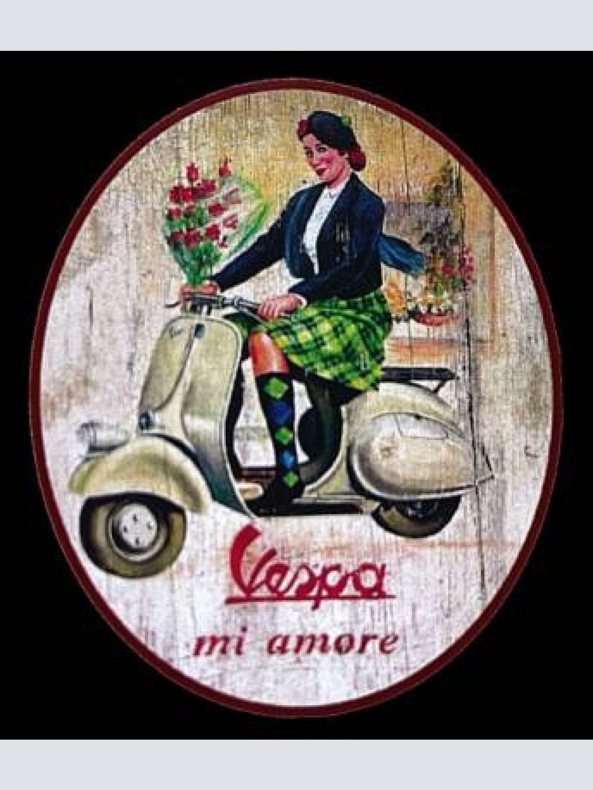 Nostalgie holzschild "vespa mi amore" motorroller frau blumenstrauß