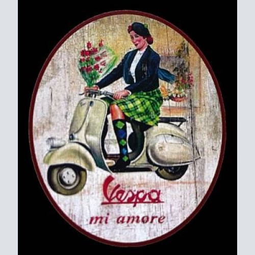 Nostalgie holzschild "vespa mi amore" motorroller frau blumenstrauß