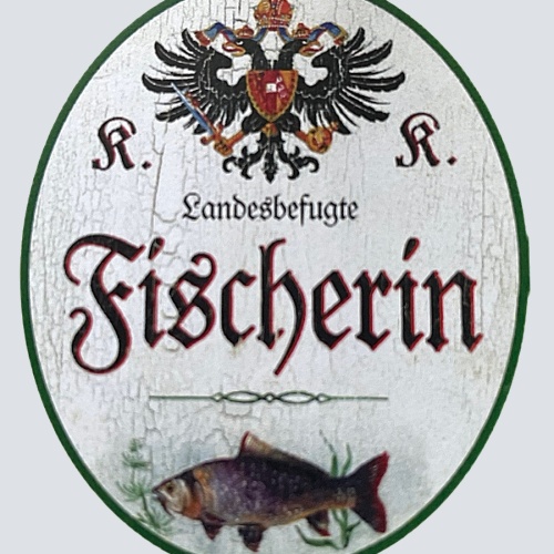 KuK Nostalgie Holzschild "Landesbefugte Fischerin" Angeln Fisch Meer See
