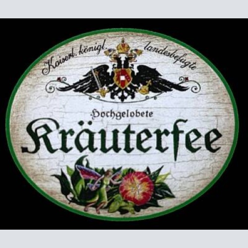 Kuk nostalgie holzschild "hochlöbliche kräuterfee" grünzeug fabelwesen